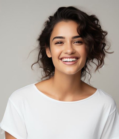 Portrait of happy, smiling young woman in white t-shirt