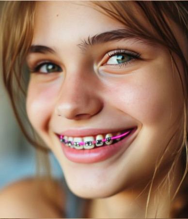 Portrait of smiling teen girl wearing traditional braces